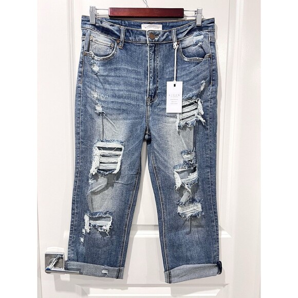Risen Jeans Womens 15/32 Blue High Rise Straight Crop Distressed Stretch Denim - Picture 2 of 13